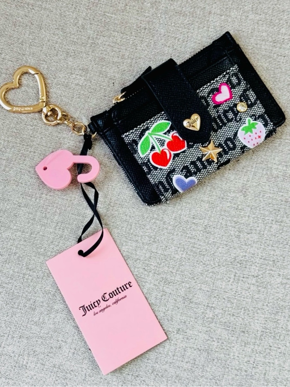 Juicy Couture Black Denim Card Wallet with Pink, Red & Green Fruit Charms